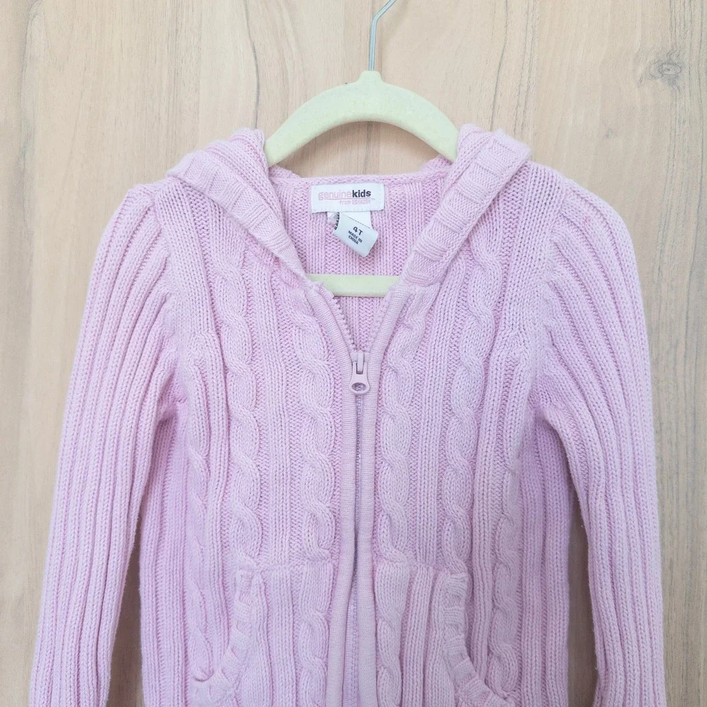 Vintage Osh Kosh Girls Sweater 4T Pink Cable Knit Hooded Zip‎ Up Cardigan Preppy